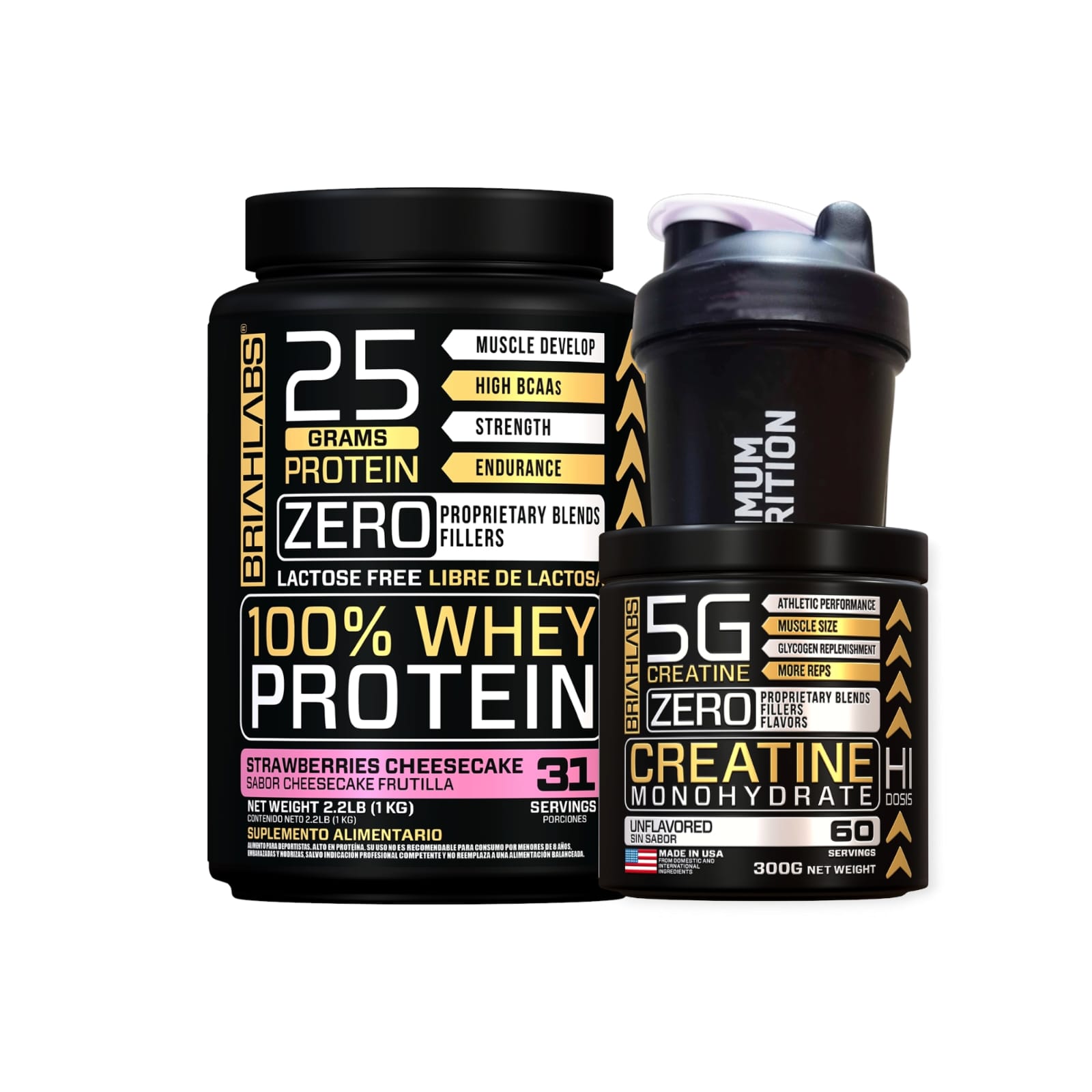 SET PROTEINA BRIAHLABS 100% WHEY STRAMBERRY 1 KG + CREATINA 60SV + SHAKER - 1