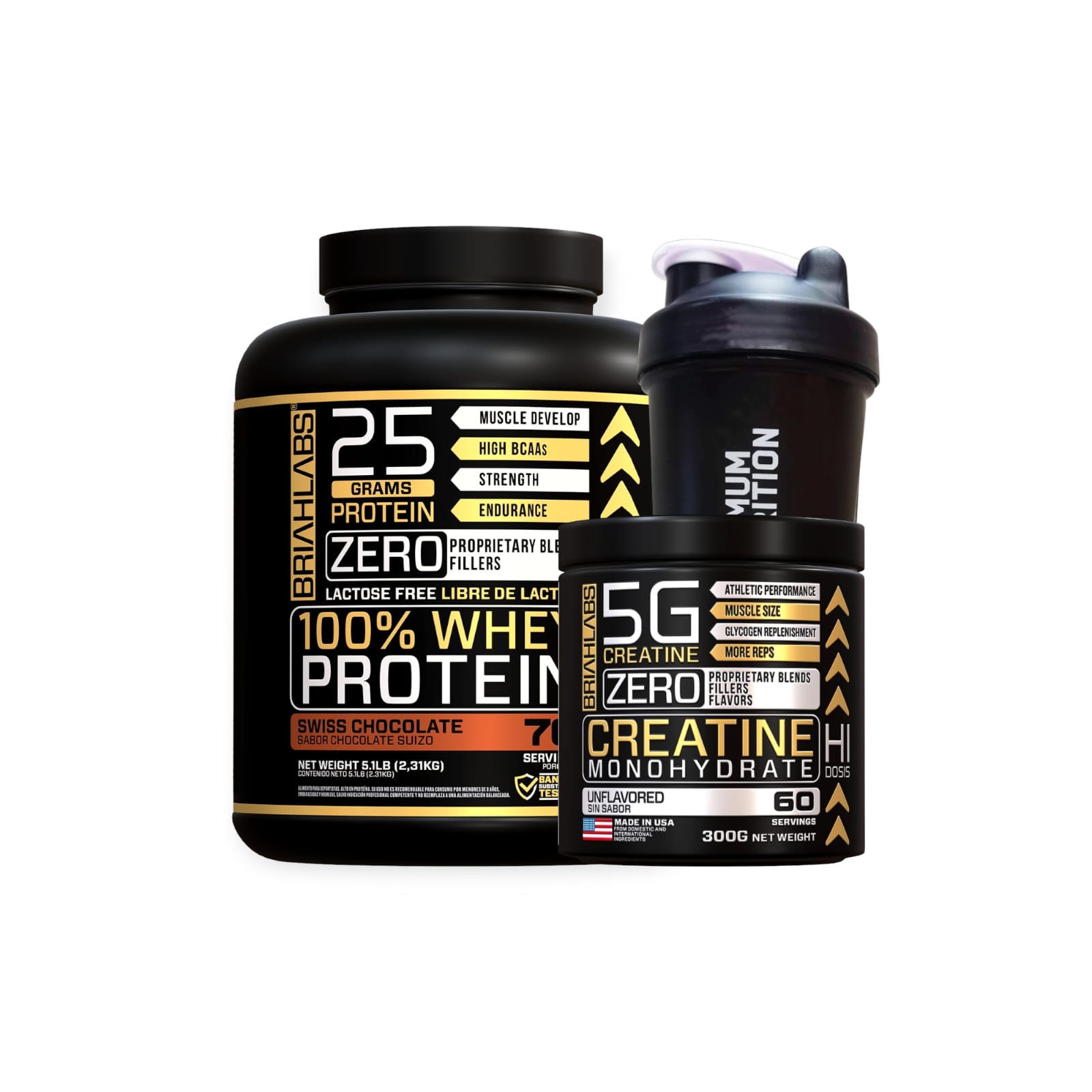 SET PROTEINA BRIAHLABS 100% WHEY PROTEIN CHOCOLATE 5 LB + CREATINA 60SV + SHAKER - 1