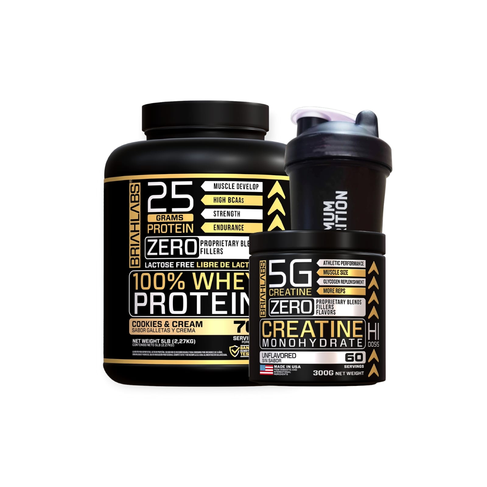 PACK BRIAHLABS PROTEINA 100% WHEY PROTEIN 5LBS COOKIES + CREATINA 60SV + SHAKER - 1