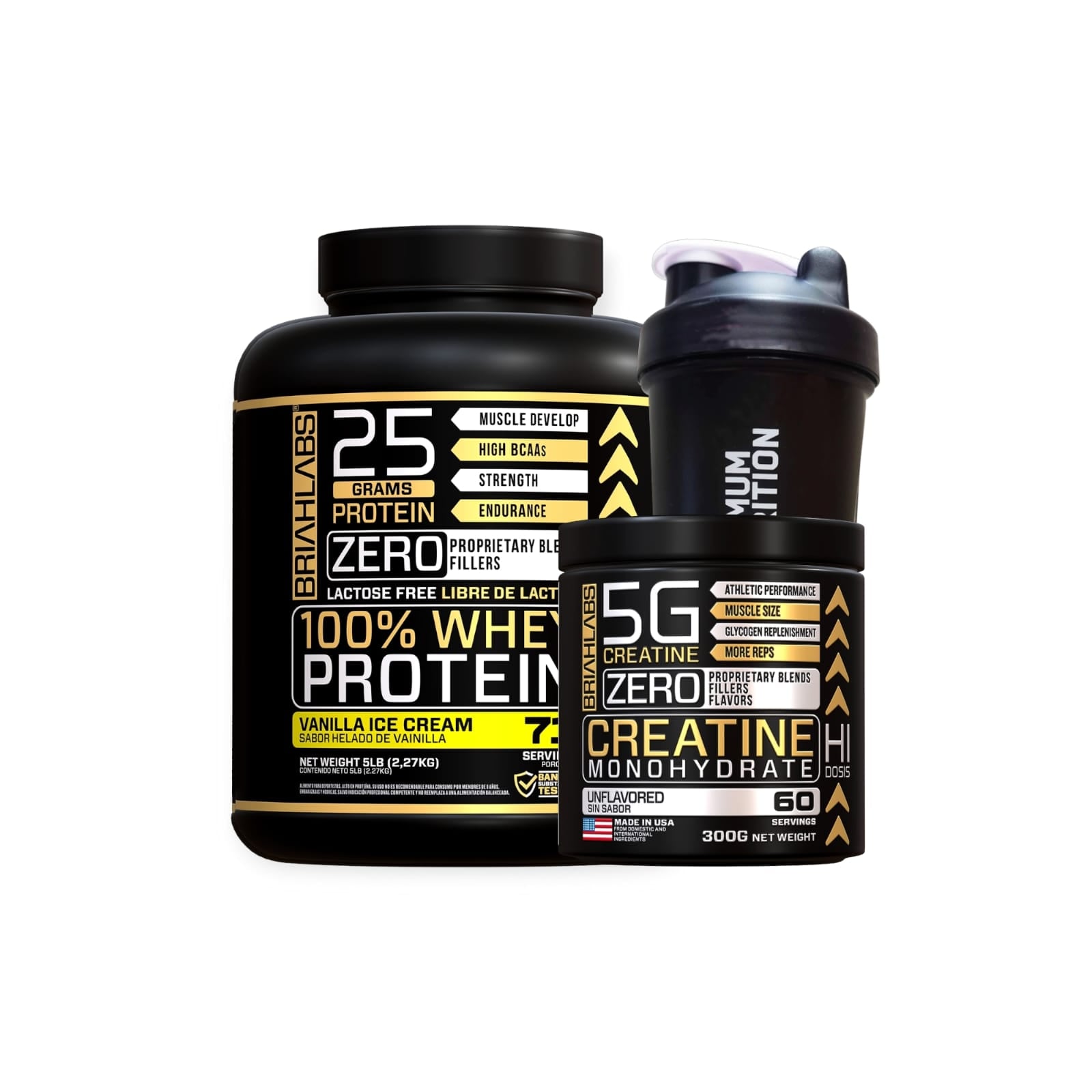 SET PROTEINA BRIAHLABS 100% WHEY PROTEIN VAINILLA 5 LB + CREATINA 60SV + SHAKER - 1