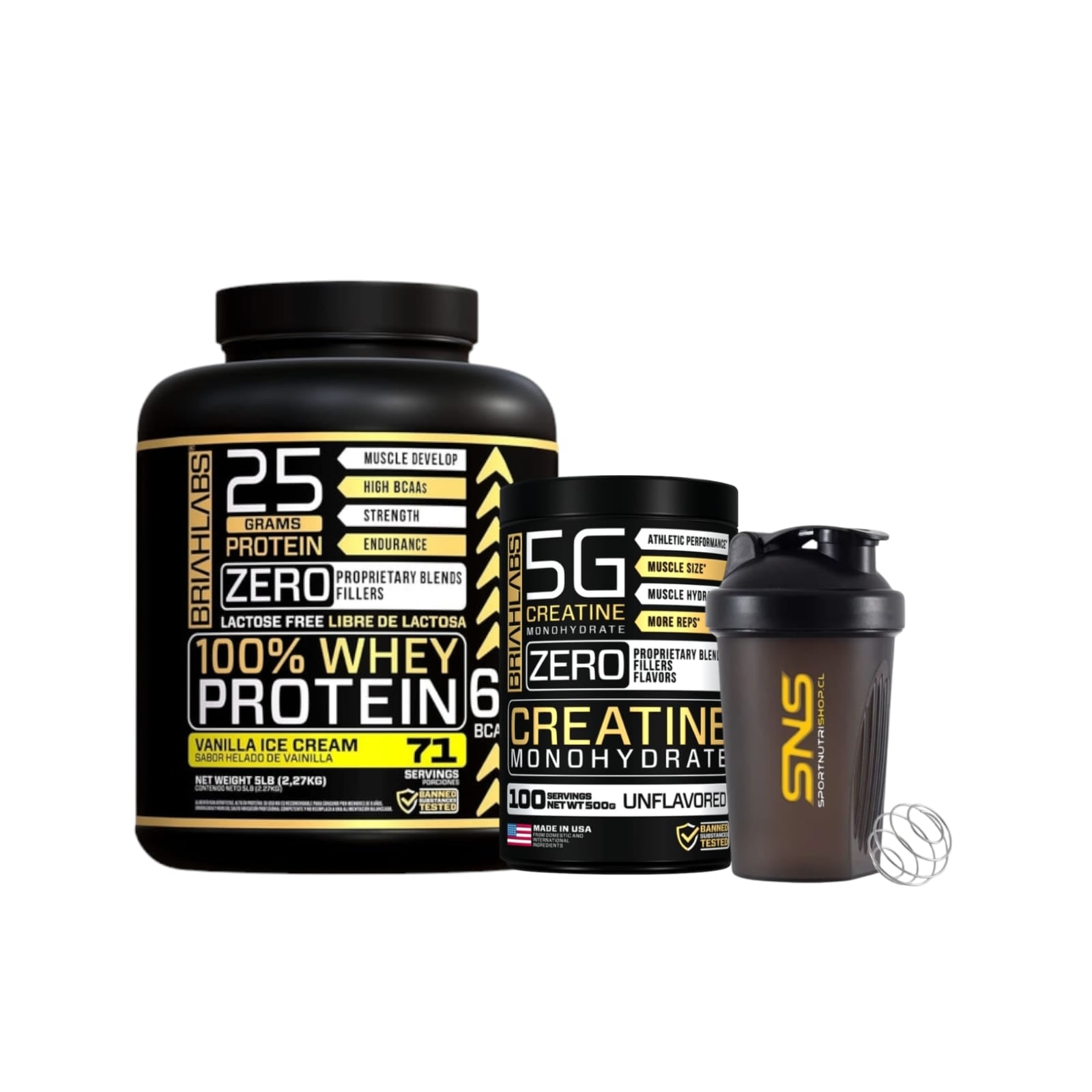 PACK BRIAHLABS PROTEÍNA WHEY 5LB VAINILLA + CREATINA 500GR + SHAKER - 1