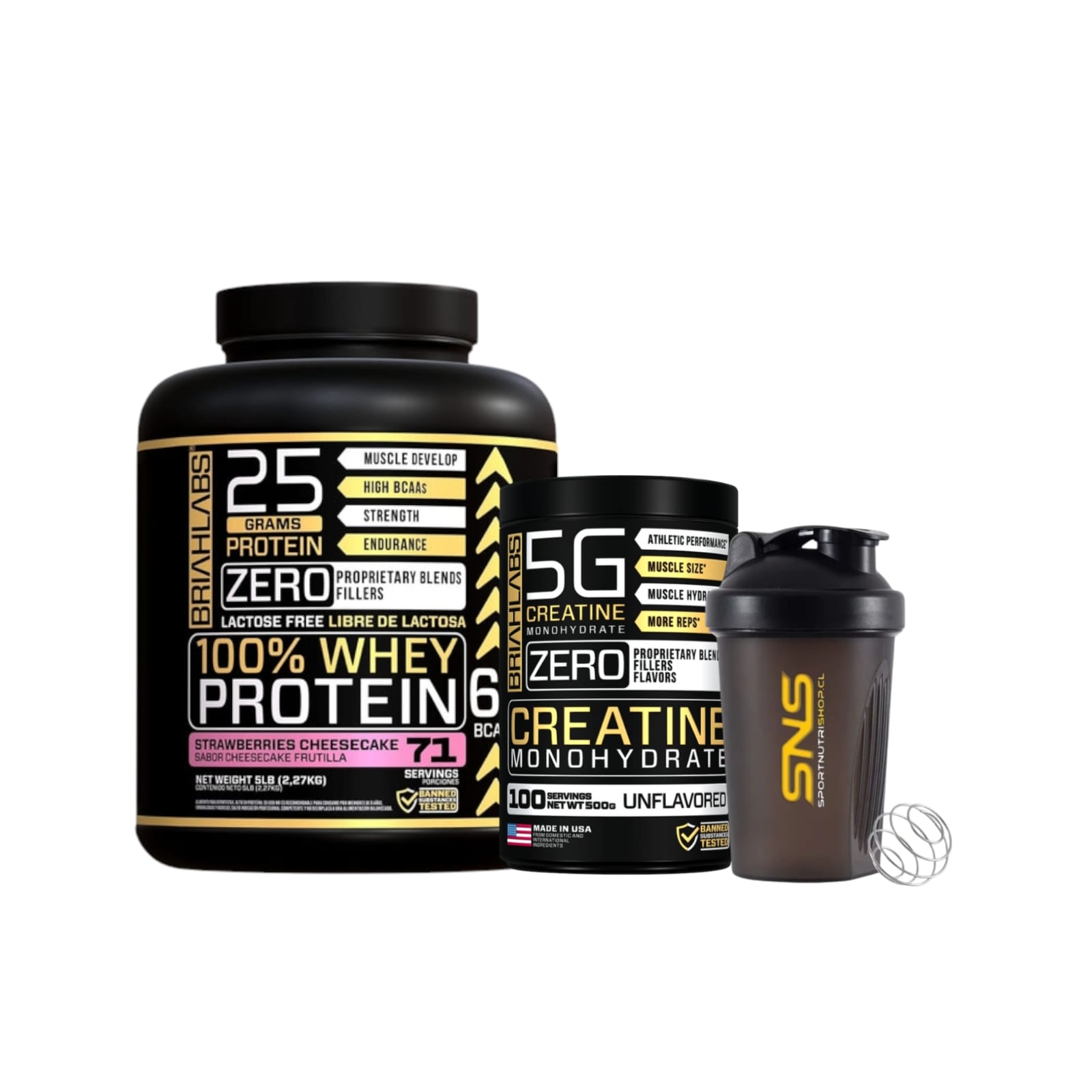 PACK BRIAHLABS PROTEÍNA WHEY 5LBS STRAMBERRY + CREATINA 500GR + SHAKER - 1