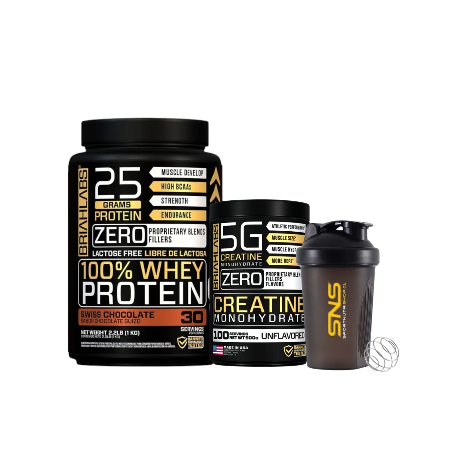 PACK BRIAHLABS PROTEÍNA WHEY 1KG CHOCOLATE + CREATINA 500GR + SHAKER - 1