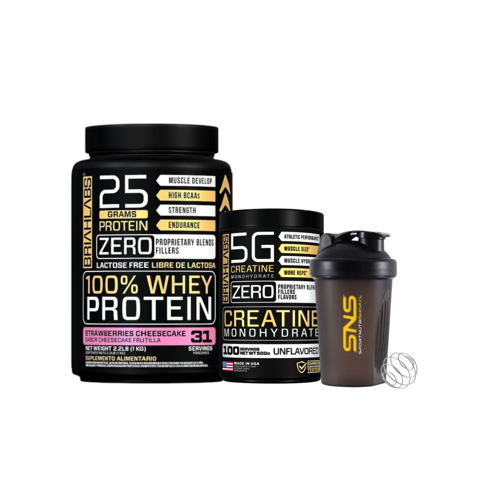 PACK BRIAHLABS PROTEÍNA WHEY 1KG STRAMBERRY + CREATINA 500GR + SHAKER - 1