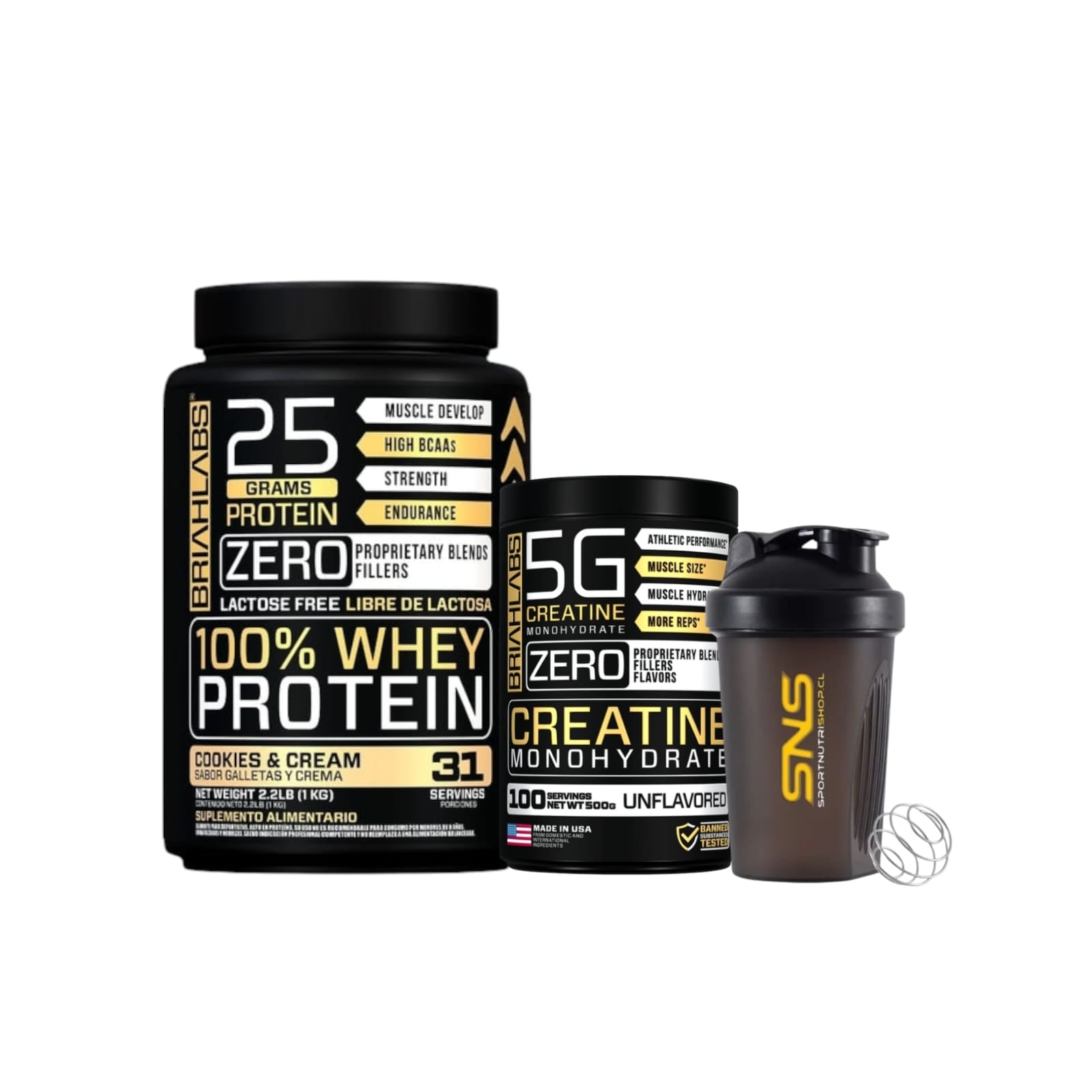 PACK BRIAHLABS PROTEÍNA WHEY 1KG COOKIES + CREATINA 500GR + SHAKER - 1