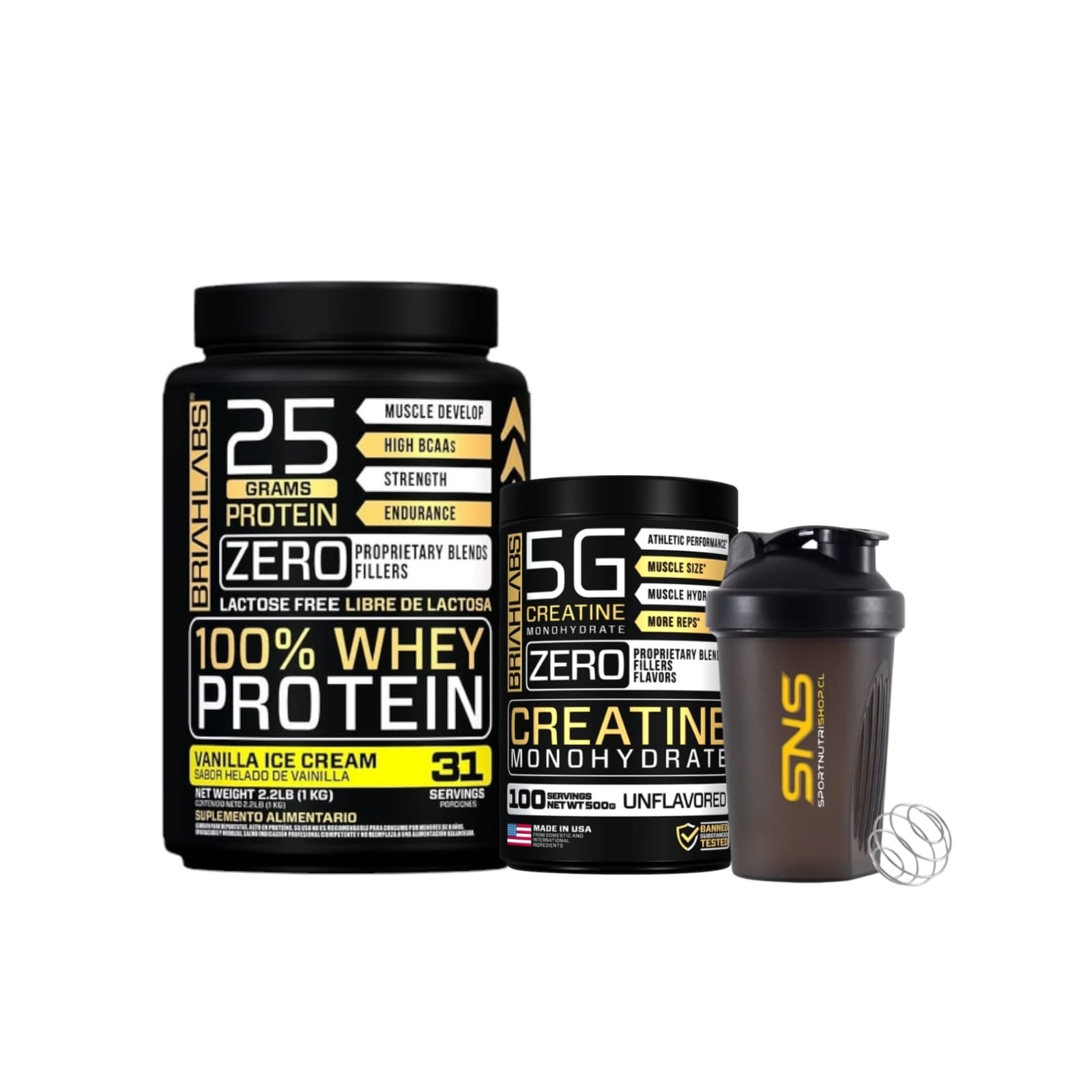 PACK BRIAHLABS PROTEÍNA WHEY 1KG VAINILLA + CREATINA 500GR + SHAKER - 1