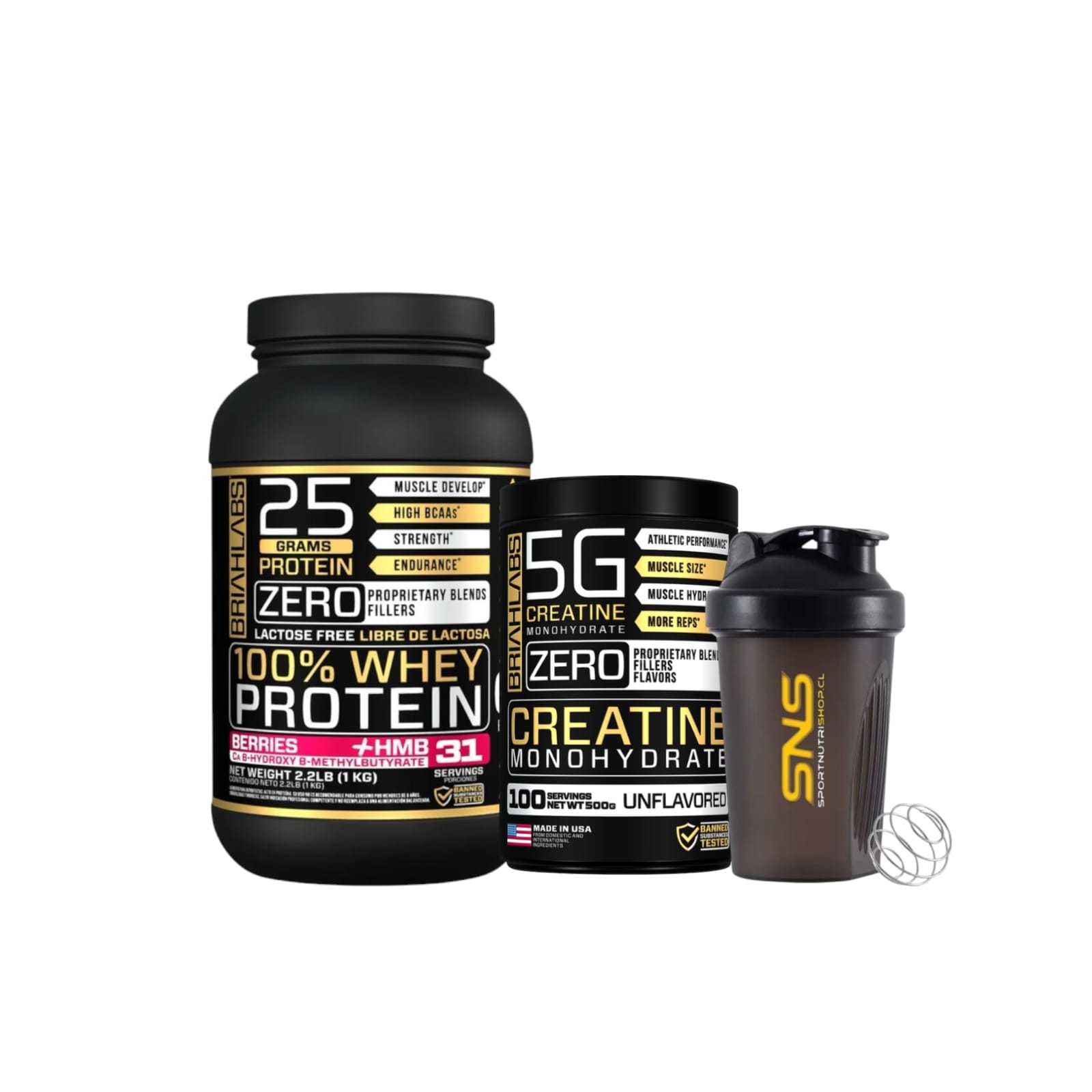 PACK BRIAHLABS PROTEÍNA WHEY 1KG BERRIES + CREATINA 500GR + SHAKER - 1