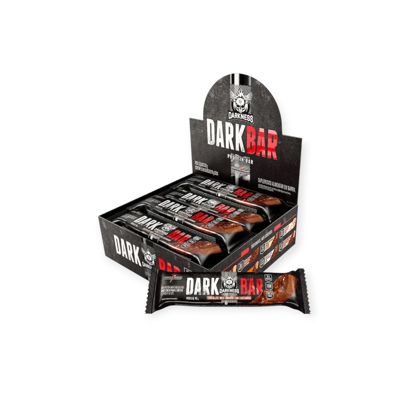 BOX 8 BARRAS DARKBAR PROTEIN BAR CHOCOLATE MEDIO AMARGO CON CASTAÑA - INTEGRALMEDICA - 1