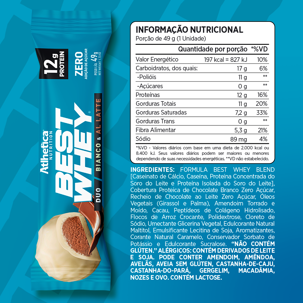 BOX DE 12 BARRAS BEST WHEY 12G DUO( CHOCOLATE BLANCO Y DE LECHE) - ATLHETICA - 2