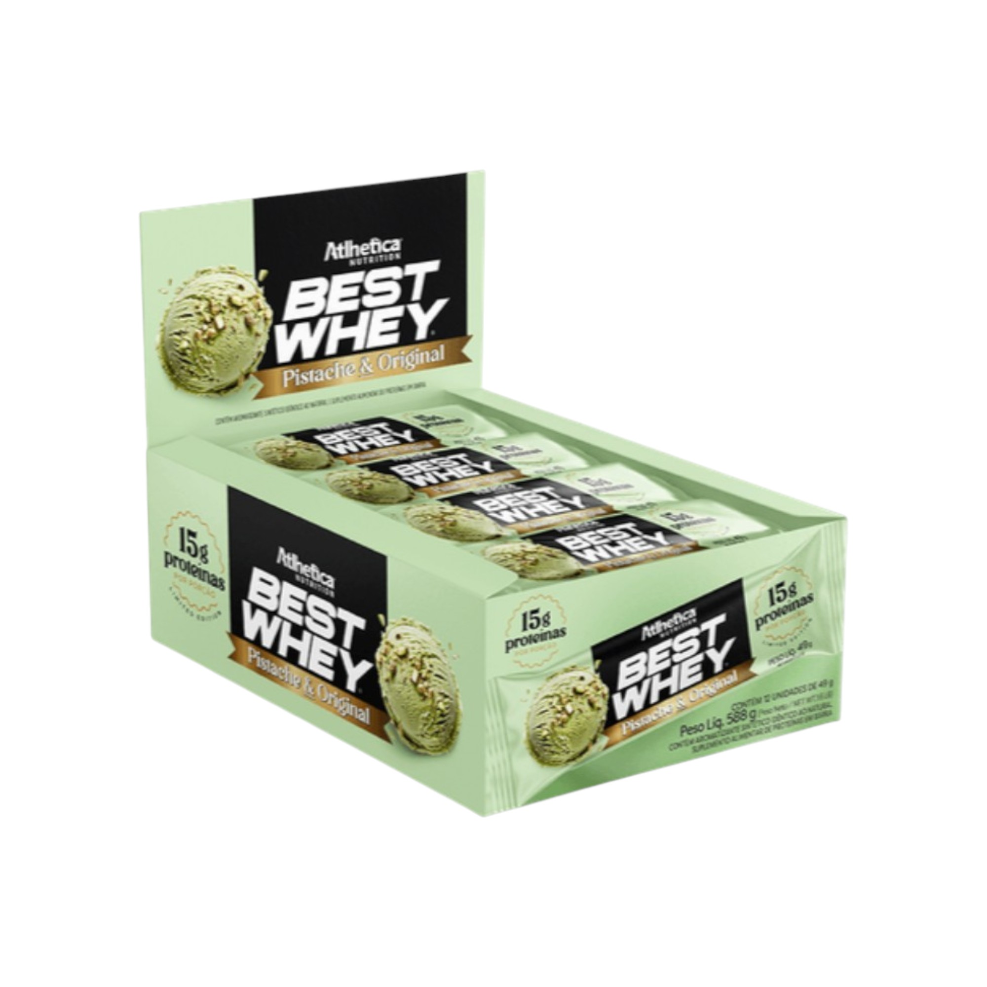 BOX DE 12 BARRAS BEST WHEY 15G PISTACHO & ORIGINAL - ATLHETICA - 1