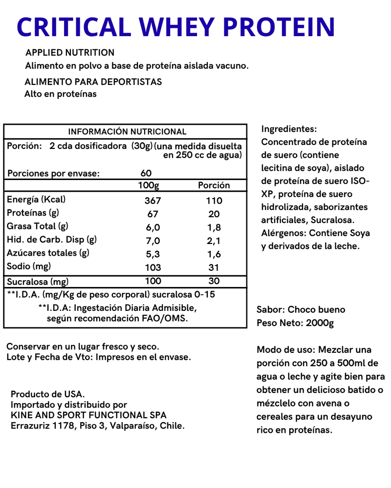 PROTEINA CRITICAL WHEY 2KG 67 SV CHOCO BUENO - APPLIED NUTRITION - 2