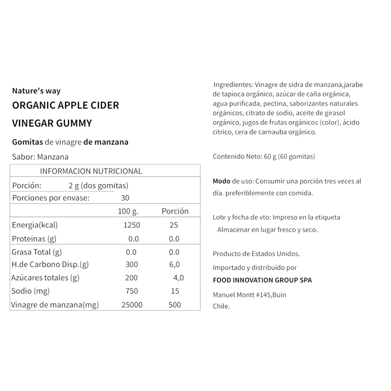 VINAGRE DE MANZANA ORGANICO 60 GOMITAS - NATURE'S WAY - 2