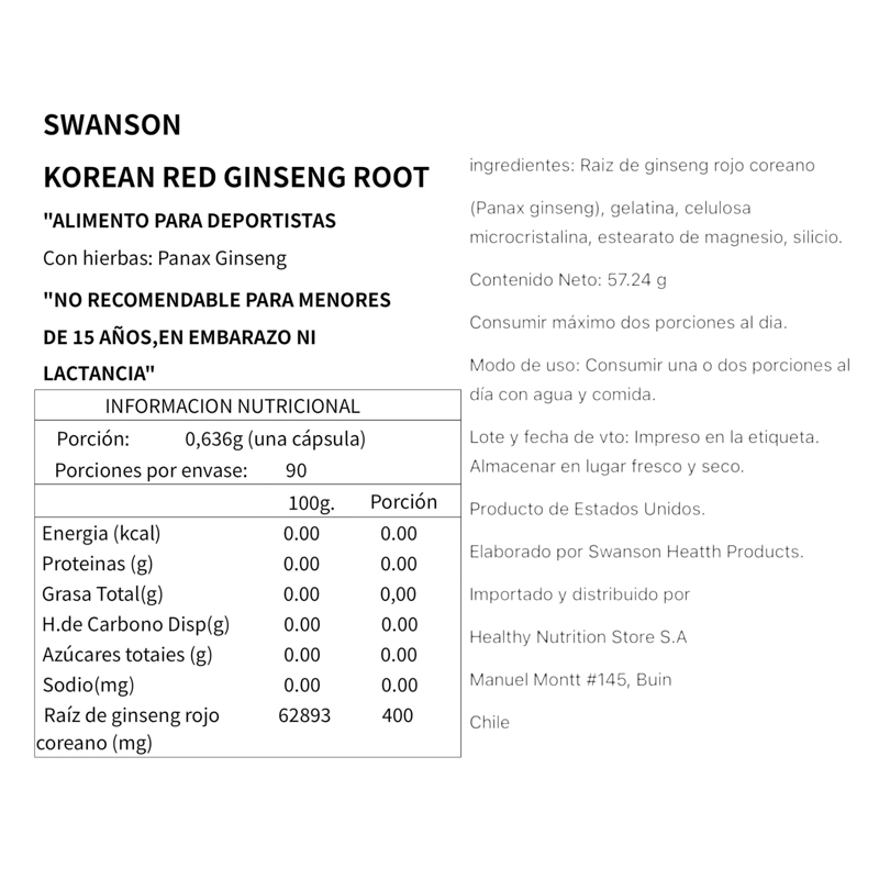 GINSENG COREANO ROJO 400MG 90 CAPSULAS - SWANSON - 2