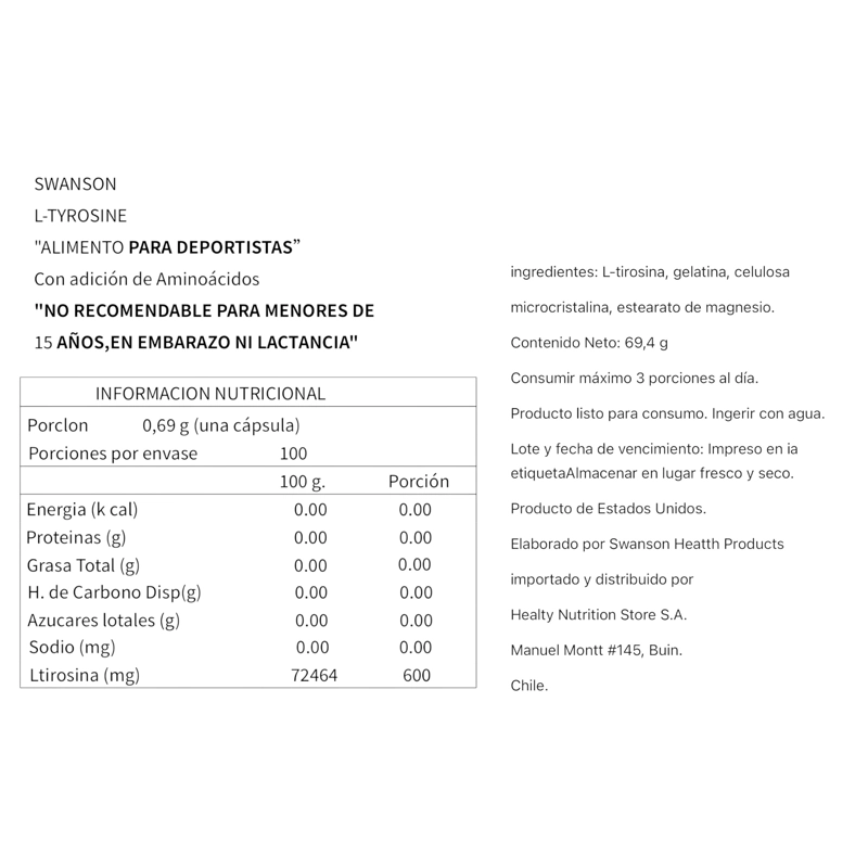 L-TYROSINE 500MG 100 CAPSULAS - SWANSON - 2