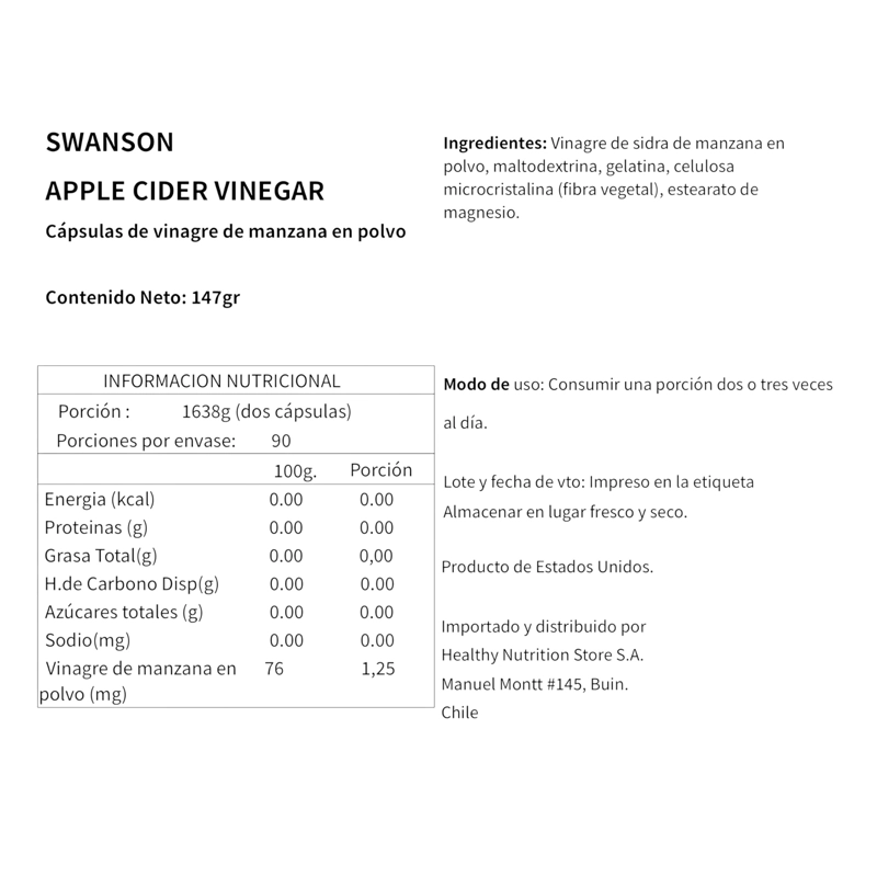 VINAGRE DE MANZANA 625MG 180 CAPSULAS VEGANAS - SWANSON - 2