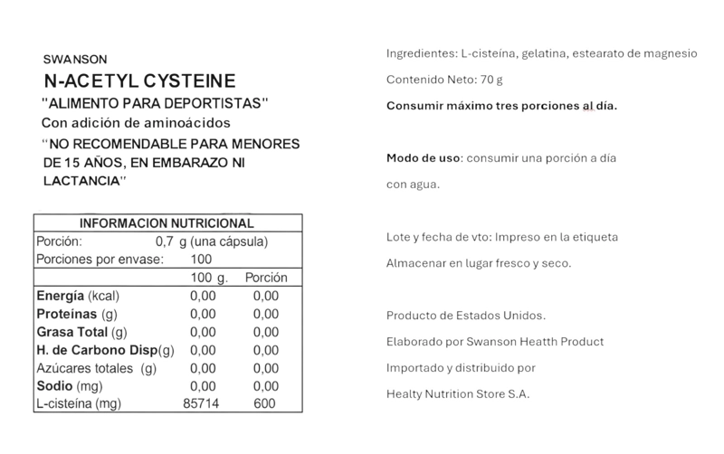 N-ACETIL CISTEINA (NAC) 600MG 100 CAPSULAS - SWANSON - 2