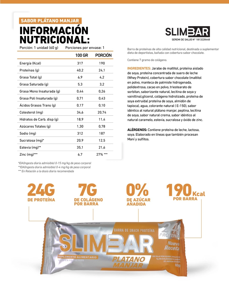 BOX 12 BARRAS DE PROTEINA SLIMBAR 60GR C/U PLATANO MANJAR - 2