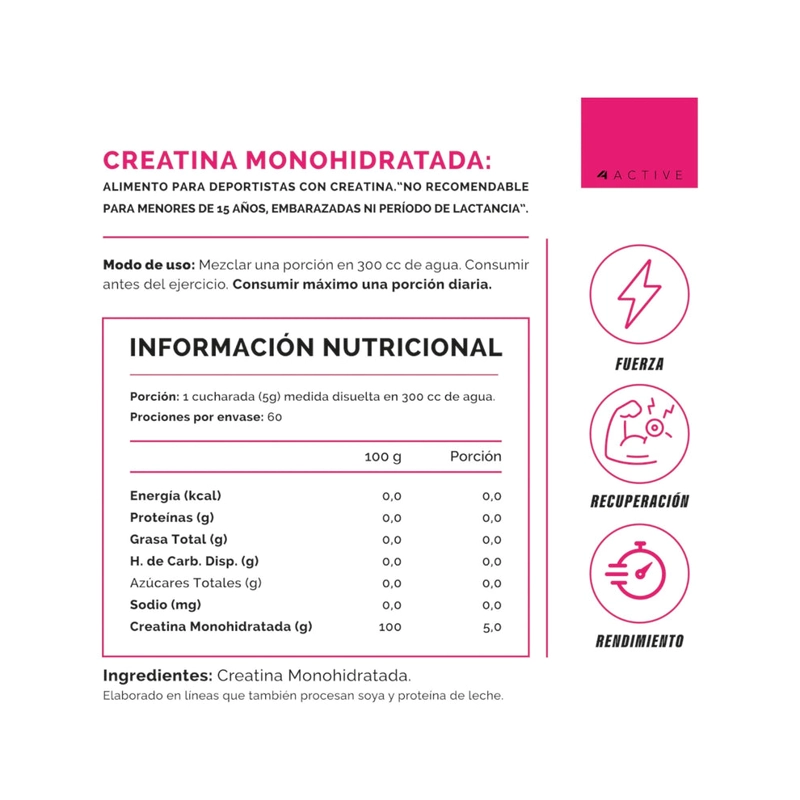 CREATINA MONOHIDRATADA 100% PURA 60 SERVICIOS - 4ACTIVE WOMEN - 2