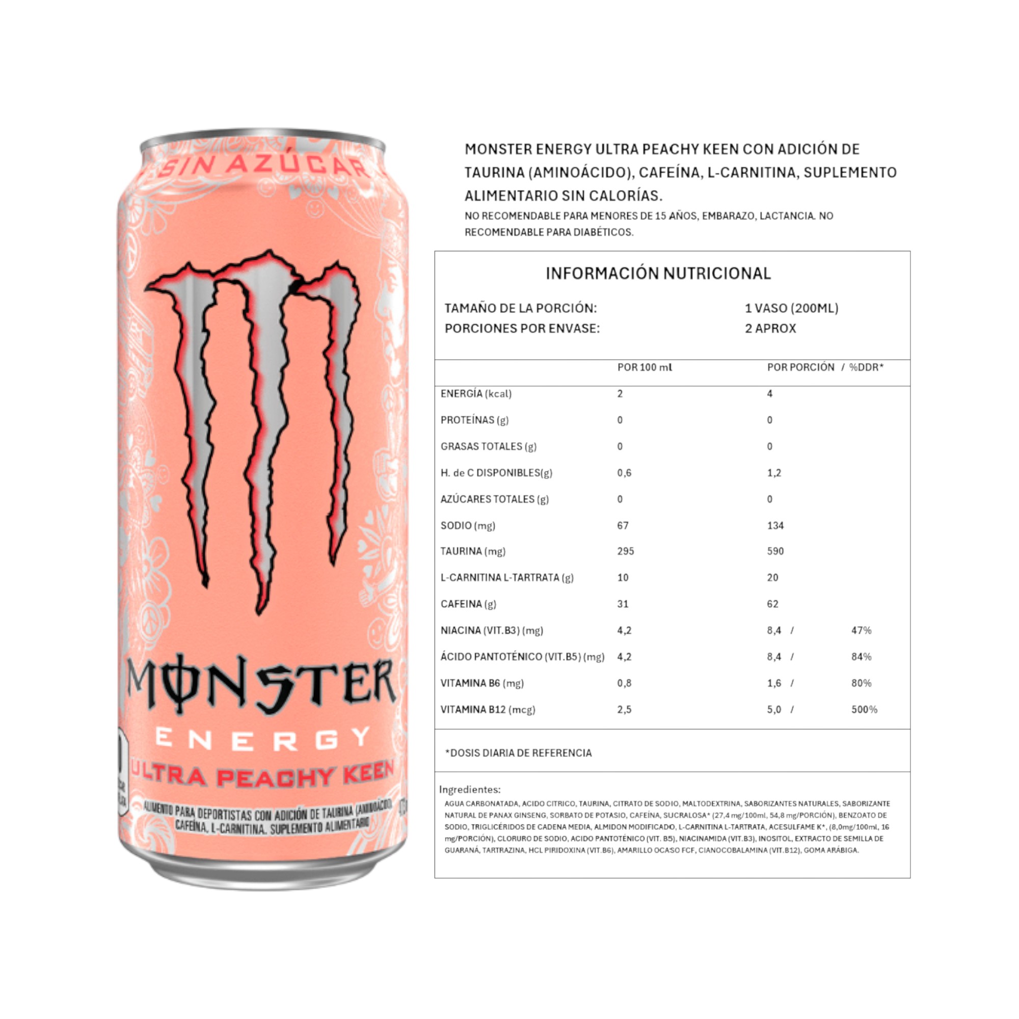 ENERGETICA ULTRA PEACHY KEEN SIN AZUCAR 473ML - MONSTER ENERGY - 2
