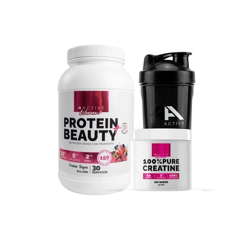 PACK PROTEINA BEAUTY FRUTOS ROJOS 870GR+ CREATINA 300GR SIN SABOR + SHAKER -4ACTIVE - 1