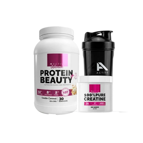 PACK PROTEINA BEAUTY VAINILLA CARAMEL 870GR+ CREATINA 300GR SIN SABOR + SHAKER -4ACTIVE - 1