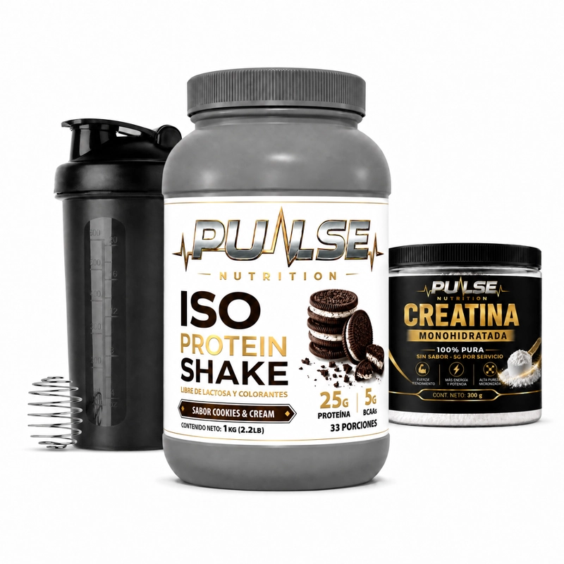 PACK PROTEINA ISO SHAKE 2.2LB COOKIES AND CREAM + CREATINA SIN SABOR 300GR +SHAKER- PULSE NUTRITION - 1