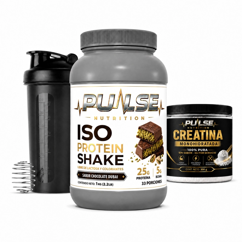 PACK PROTEINA ISO SHAKE 2.2LB CHOCOLATE DUBAI + CREATINA SIN SABOR 300GR + SHAKER - PULSE NUTRITION - 1