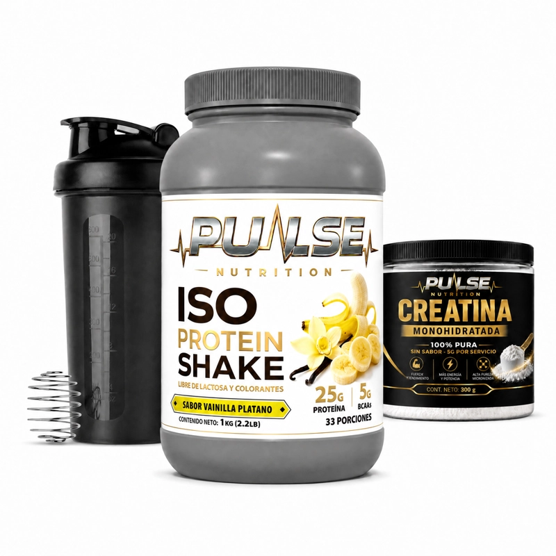 PACK PROTEINA ISO SHAKE 2.2LB VAINILLA PLATANO + CREATINA SIN SABOR 300GR + SHAKER- PULSE NUTRITION - 1