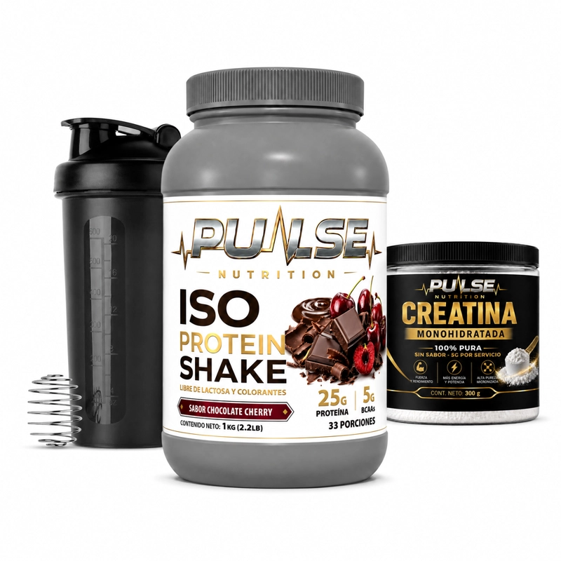 PACK PROTEINA ISO SHAKE 2.2LB CHOCOLATE CHERRY + CREATINA SIN SABOR 300GR + SHAKER- PULSE NUTRITION - 1