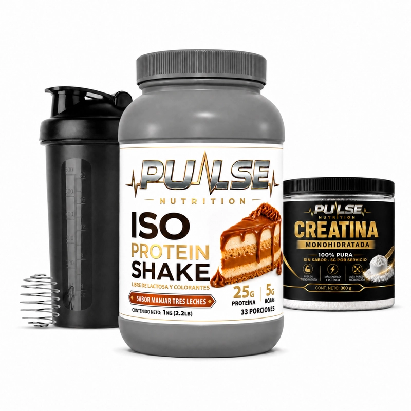 PACK PROTEINA ISO SHAKE 2.2LB MANJAR TRES LECHES +CREATINA SIN SABOR 300GR + SHAKER- PULSE NUTRITION - 1