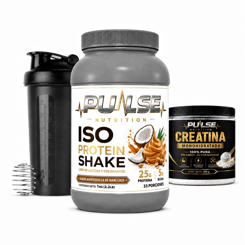 PACK PROTEINA ISO SHAKE 2.2LB MANT MANI/COCO+CREATINA SIN SABOR 300GR+SHAKER- PULSE NUTRITION - 1