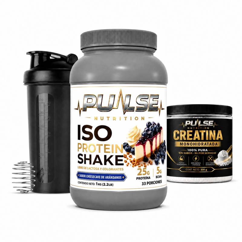 PACK PROTEINA ISO SHAKE 2.2LB CHEESCAKE ARANDANO+CREATINA SIN SABOR 300GR+SHAKER- PULSE NUTRITION - 1