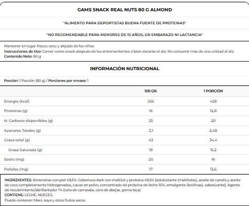 SNACK REAL NUTS 80GR AVELLANA - GAM'S - 2