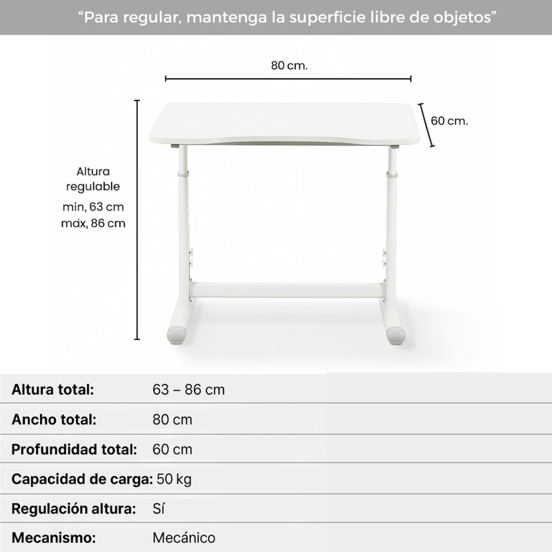 ESCRITORIO CON ALTURA AJUSTABLE 80X60X63-86CM FUNCIONAL BILBAO BLANCO - 4