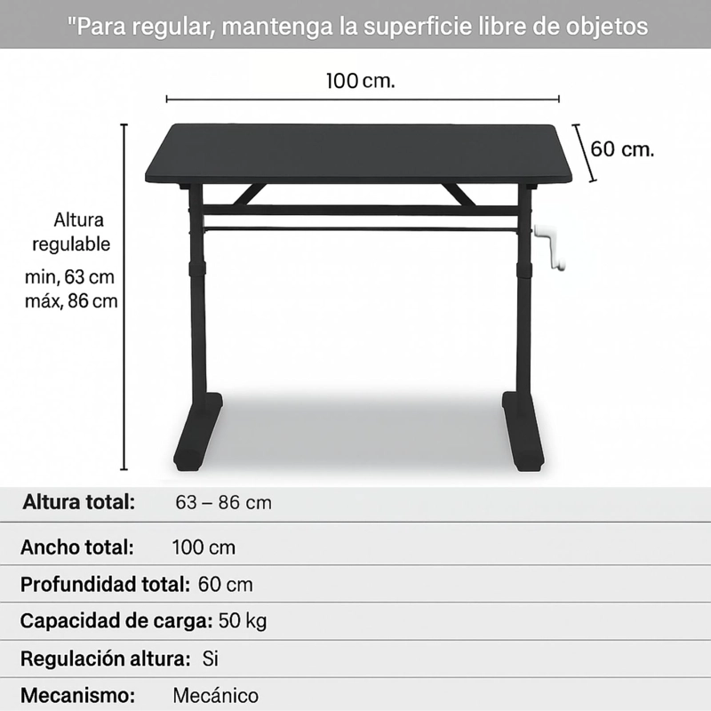 ESCRITORIO CON ALTURA AJUSTABLE 100X60X63-86CM FUNCIONAL TENERIFE NEGRO - 4