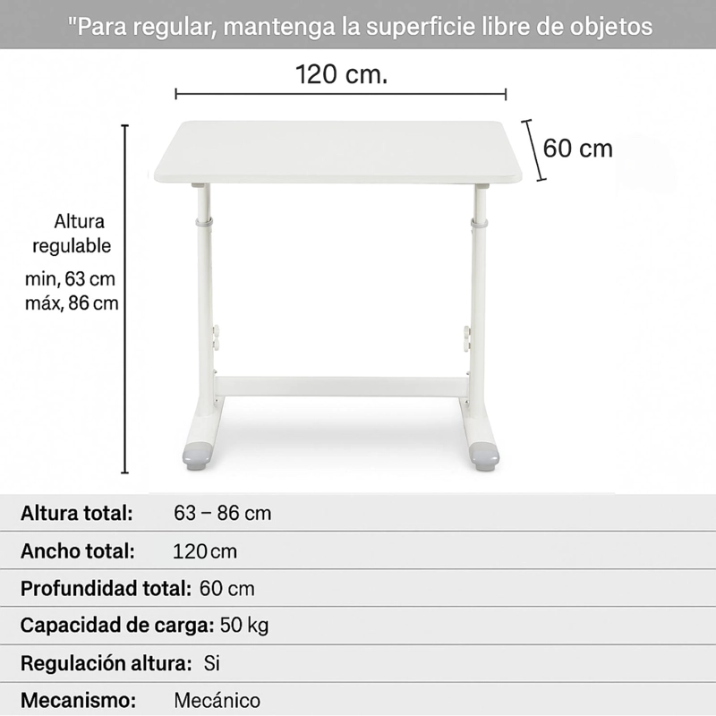 ESCRITORIO CON ALTURA AJUSTABLE 120X60X63-86CM FUNCIONAL TOLEDO BLANCO - 3