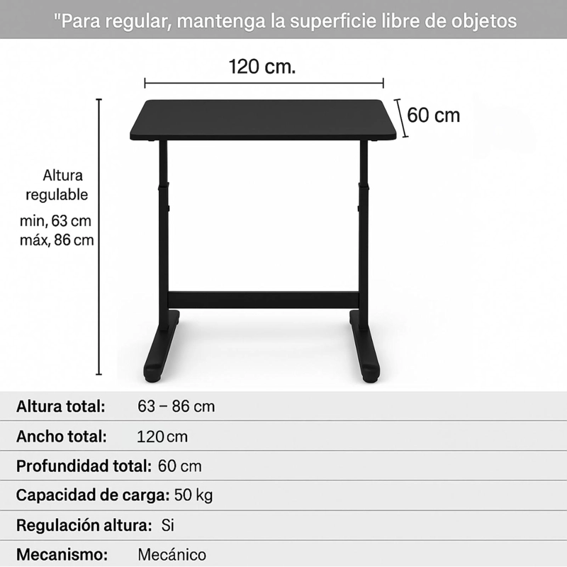 ESCRITORIO CON ALTURA AJUSTABLE 120X60X63-86CM FUNCIONAL TOLEDO NEGRO - 3