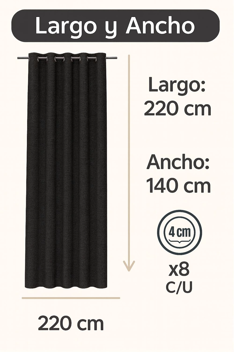 CORTINA DE TELA TIPO LINO 100% BLACKOUT ENGOMADA 2 PAÑOS NEGRO - 2