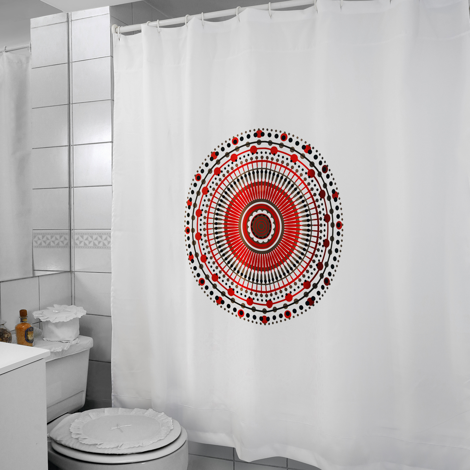 CORTINA PARA BAÑO ESTAMPADA MANDALA ROJO CON FORRO 2 PIEZAS - 4