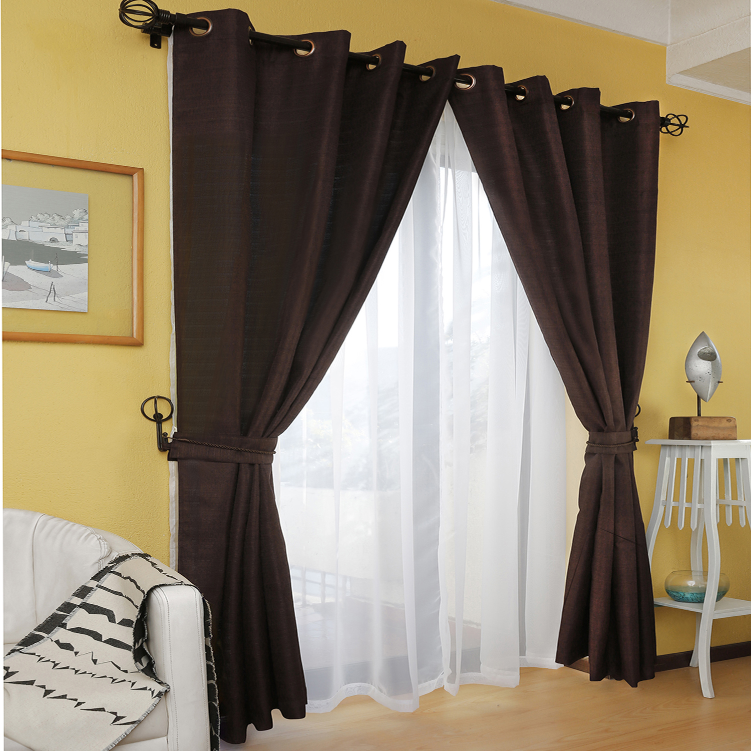 SET DE CORTINAS RÚSTICA CON ARGOLLA 8 PIEZAS CHOCOLATE - 4