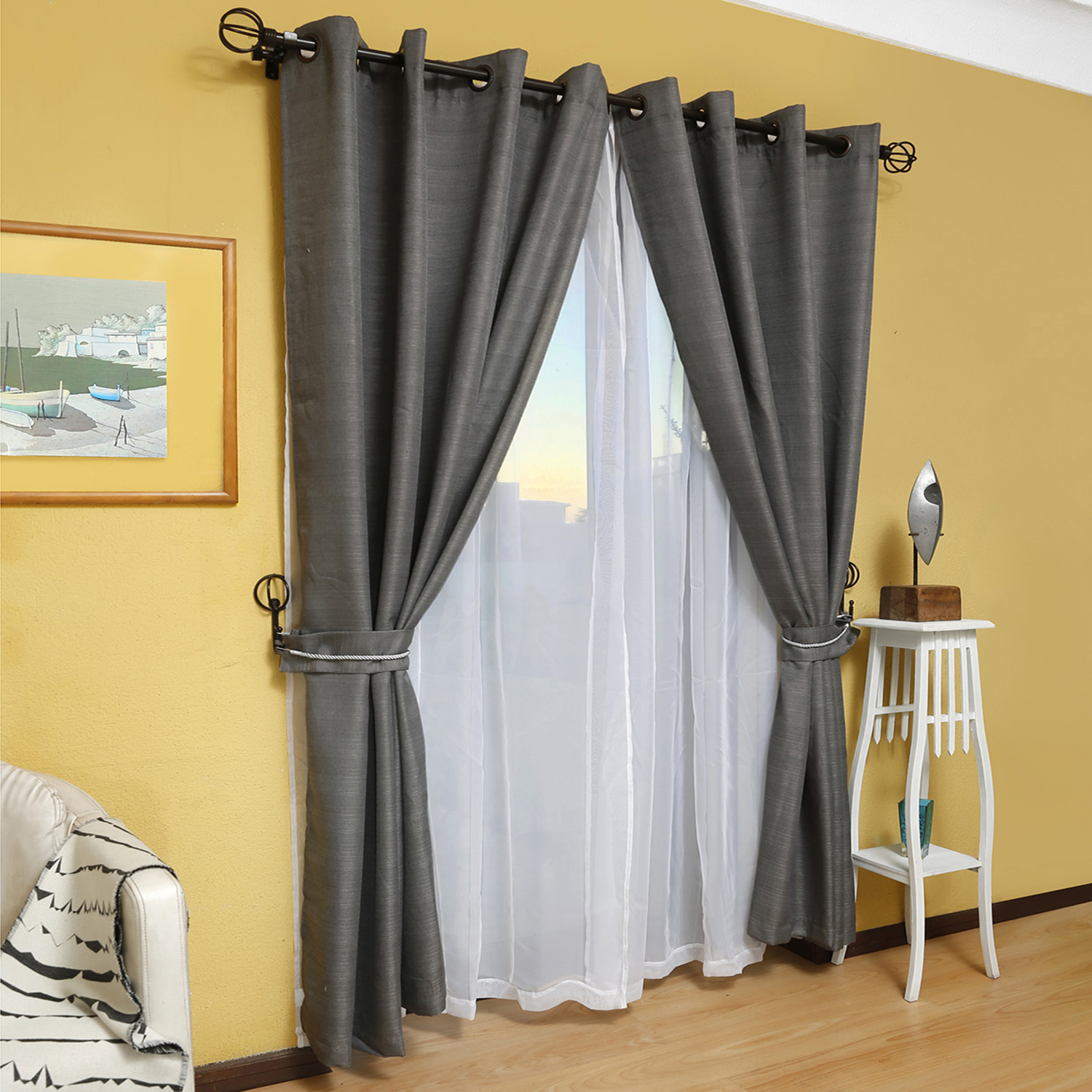 SET DE CORTINAS RÚSTICA CON ARGOLLA 8 PIEZAS GRIS - 4