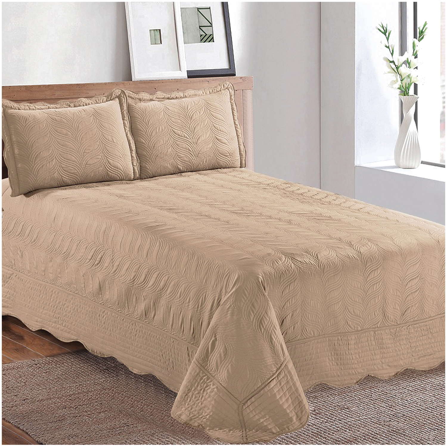 CUBRECAMA MALLORCA 2 PLAZAS BEIGE QUILT BORDADO OCRE VERSAILLES LISO - 3