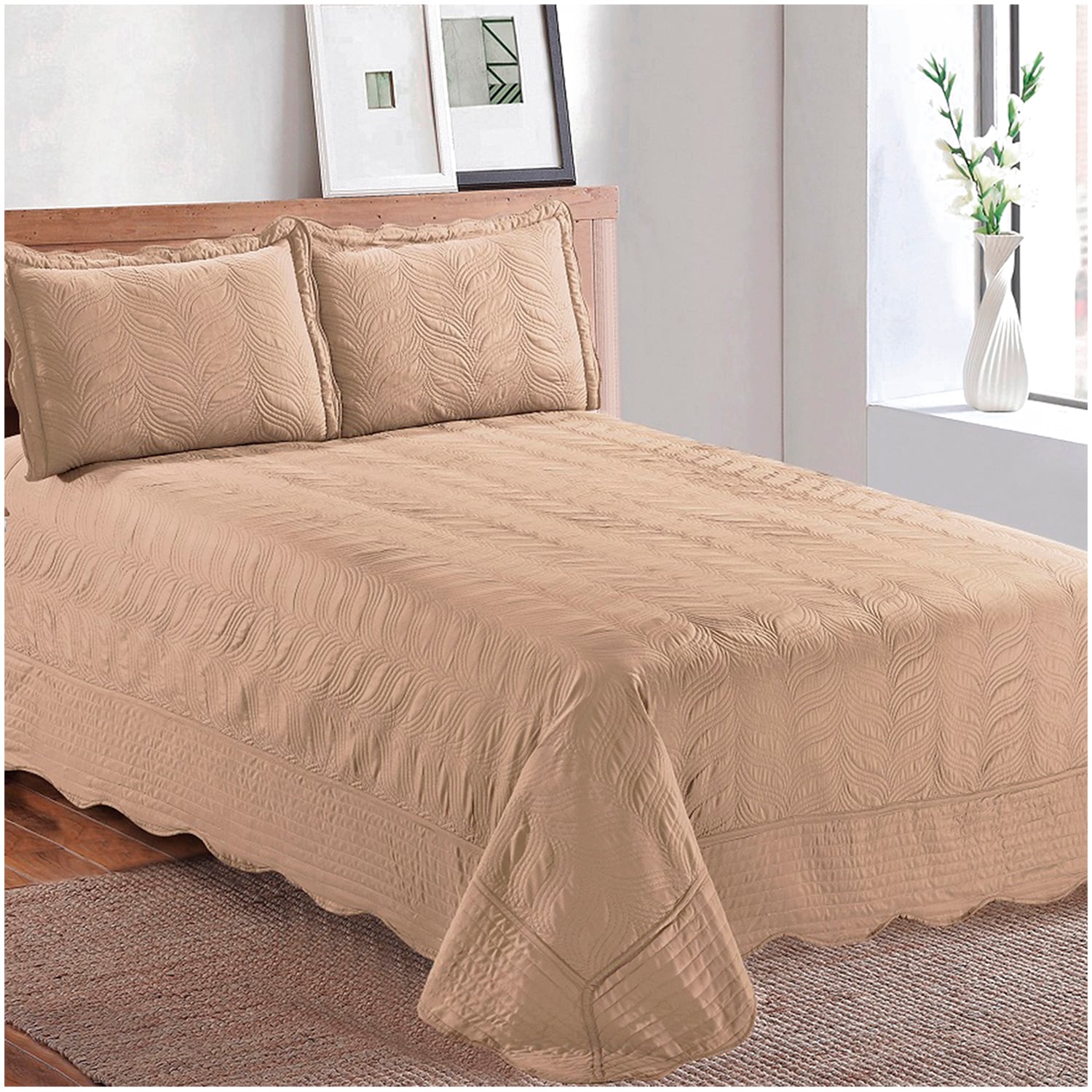 CUBRECAMA MALLORCA KING BEIGE QUILT BORDADO OCRE VERSAILLES LISO - 3