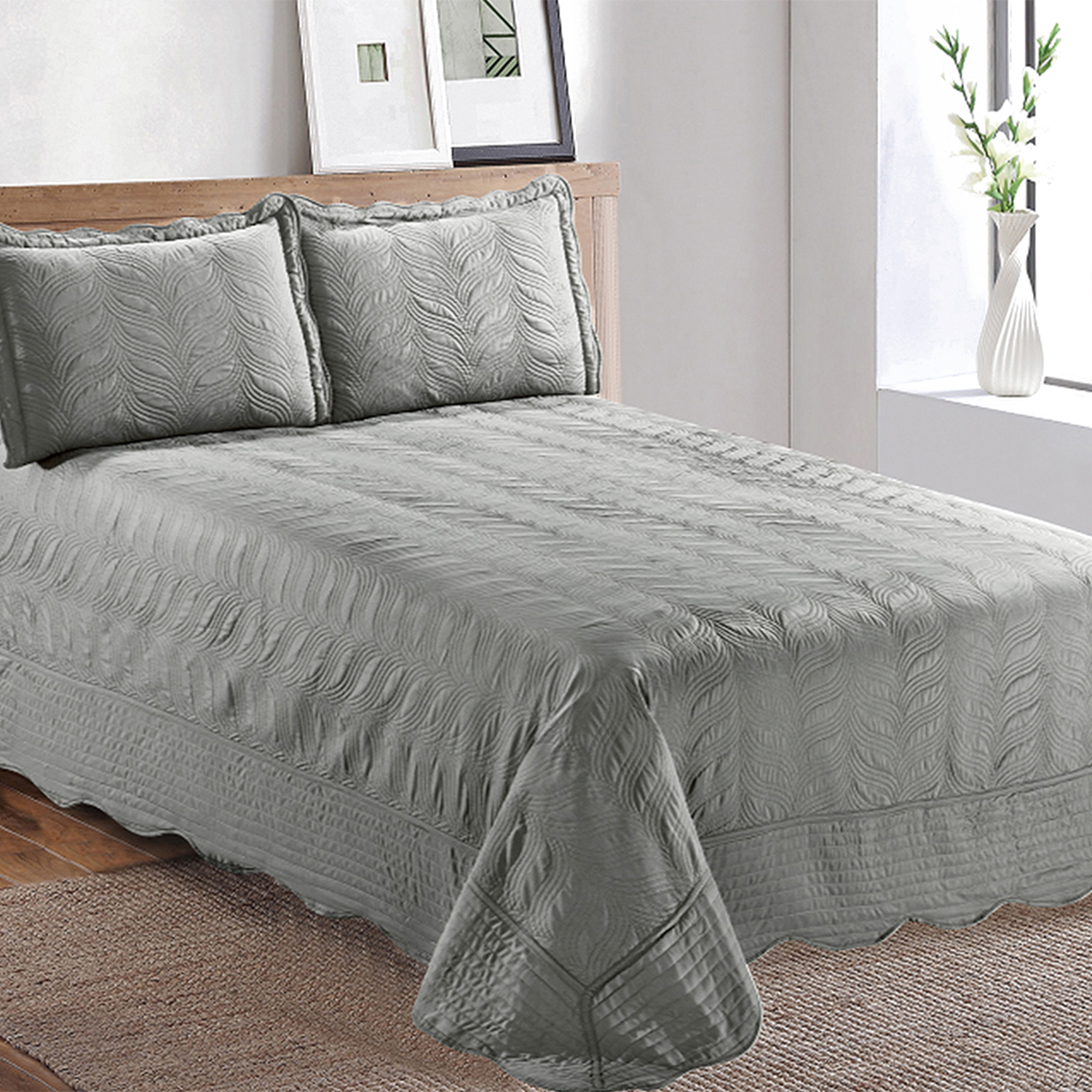 CUBRECAMA MALLORCA 2 PLAZAS GRIS QUILT BORDADO VERSAILLES LISO - 3