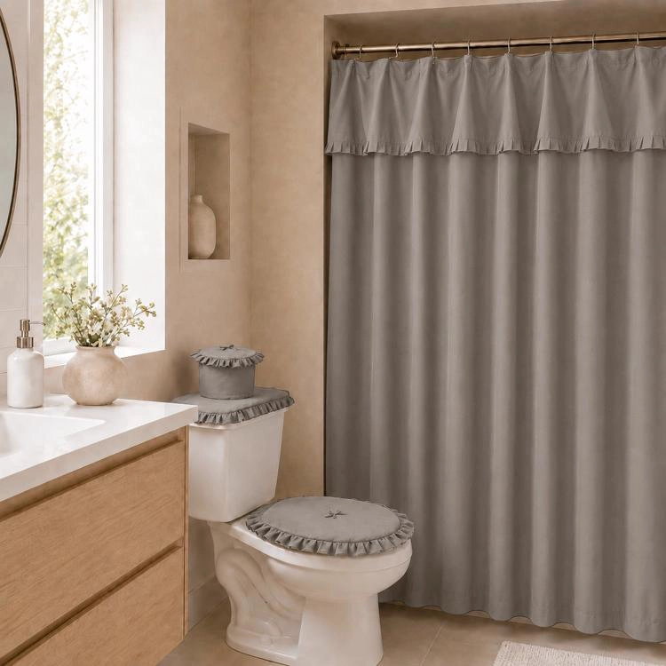JUEGO CORTINA RECOGIDA PARA BAÑO LISA GRIS PERLA - 1