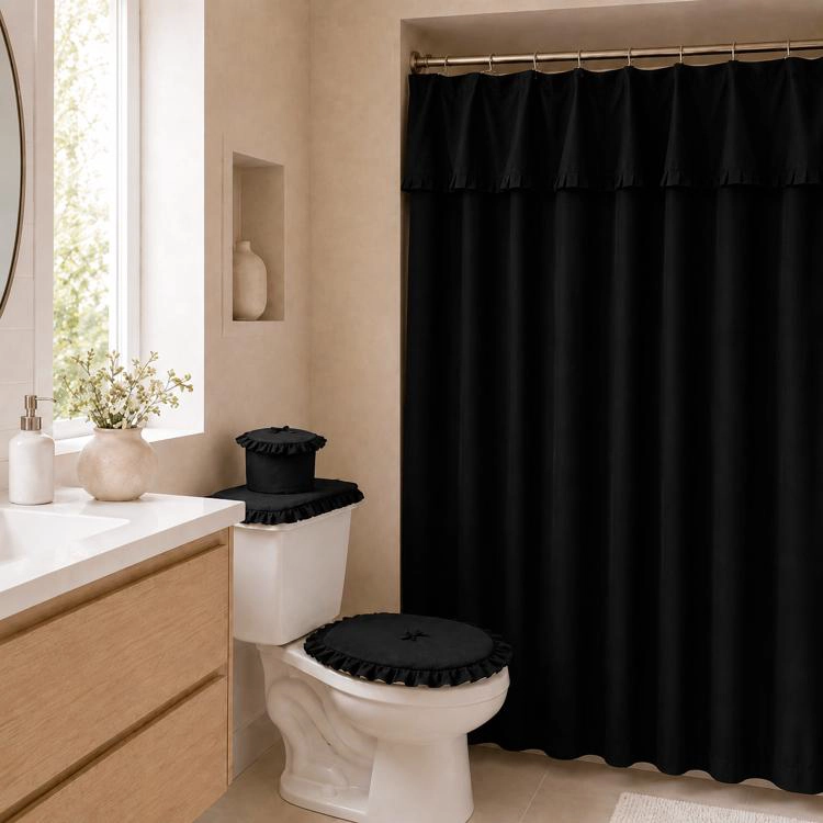JUEGO CORTINA RECOGIDA PARA BAÑO LISA NEGRO - 1