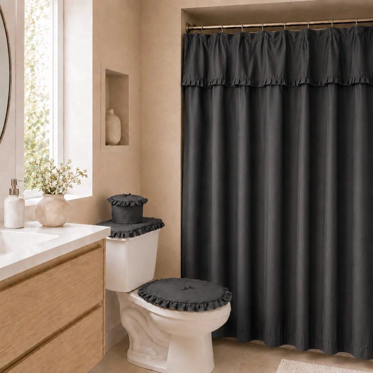 JUEGO CORTINA RECOGIDA PARA BAÑO LISA GRAFITO - 1