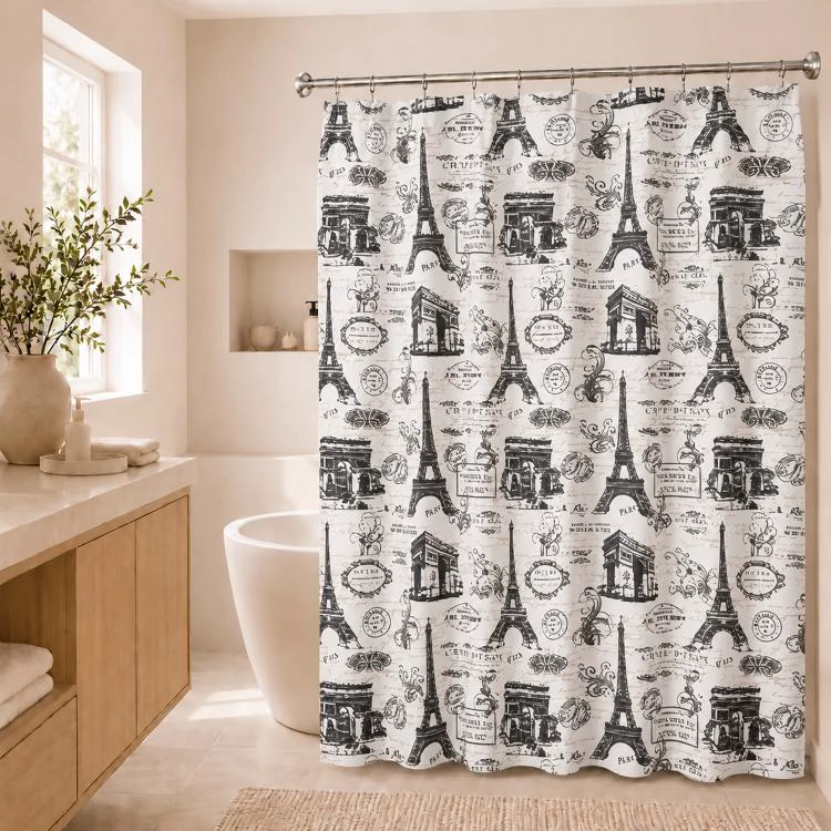 CORTINA PARA BAÑO DISEÑO POSTALES SIN FORRO - 1