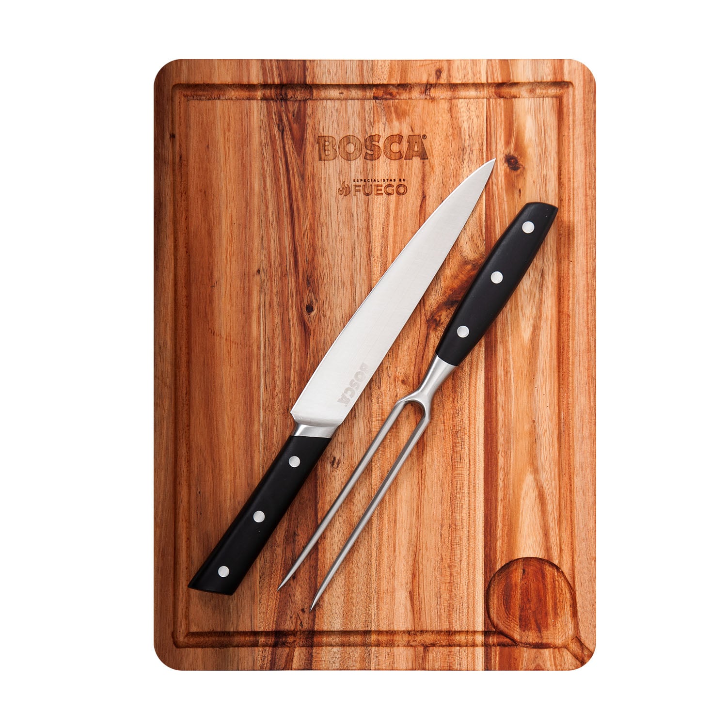 TABLA PARRILLERA + CUCHILLO Y TENEDOR BOSCA - 1