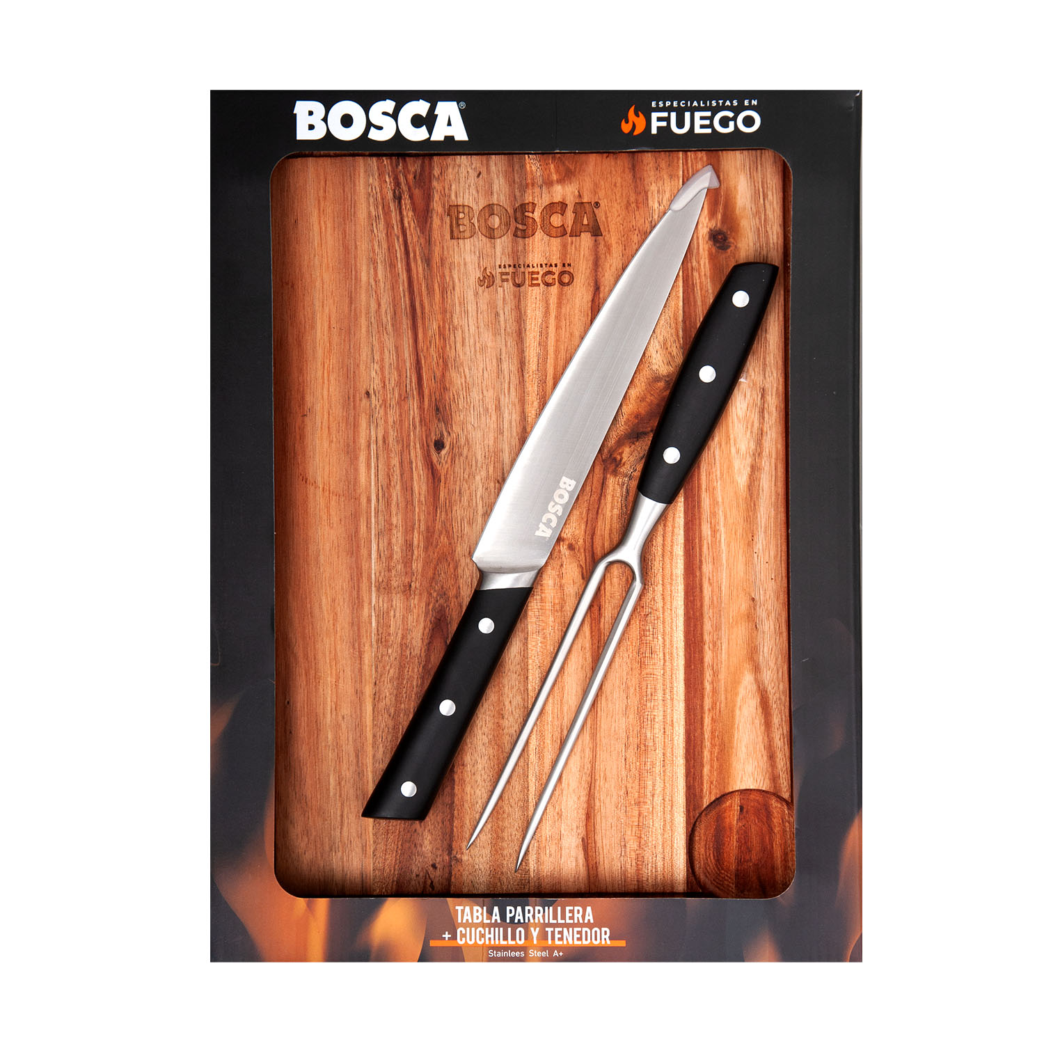 TABLA PARRILLERA + CUCHILLO Y TENEDOR BOSCA - 2